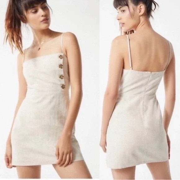 Urban Outfitters Riley Button Front Mini Dress Size 0 Linen & Cotton Beige Cream - Picture 2 of 12